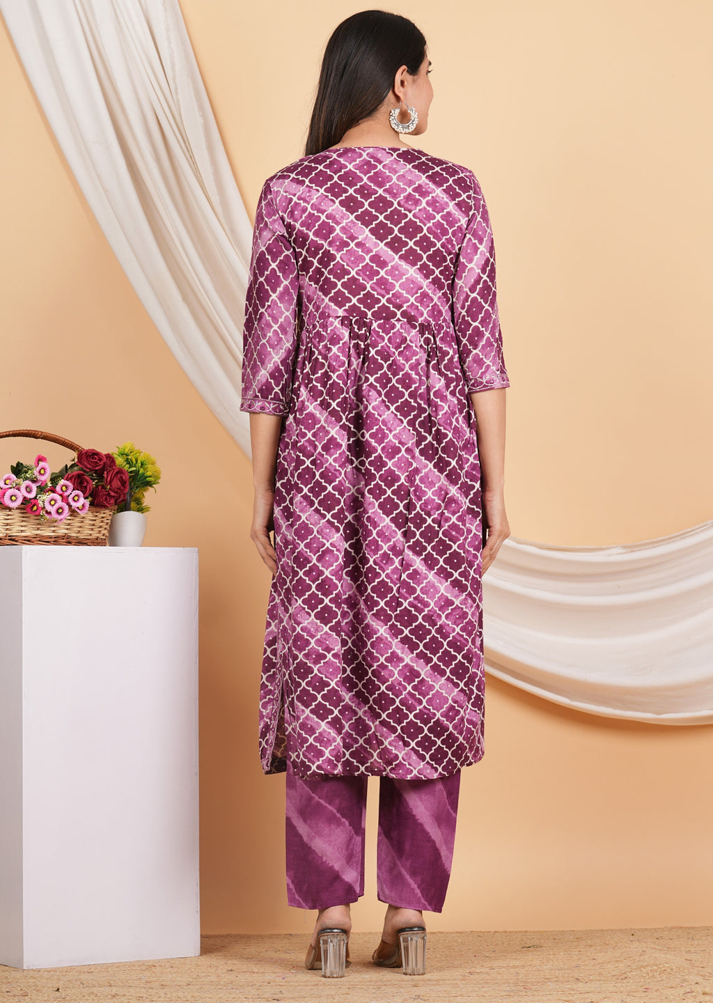 House of RP Women Rayon Dark Purple Ethnic Print Naira Cut Kurta, Pant & Dupatta Set | Grocsy