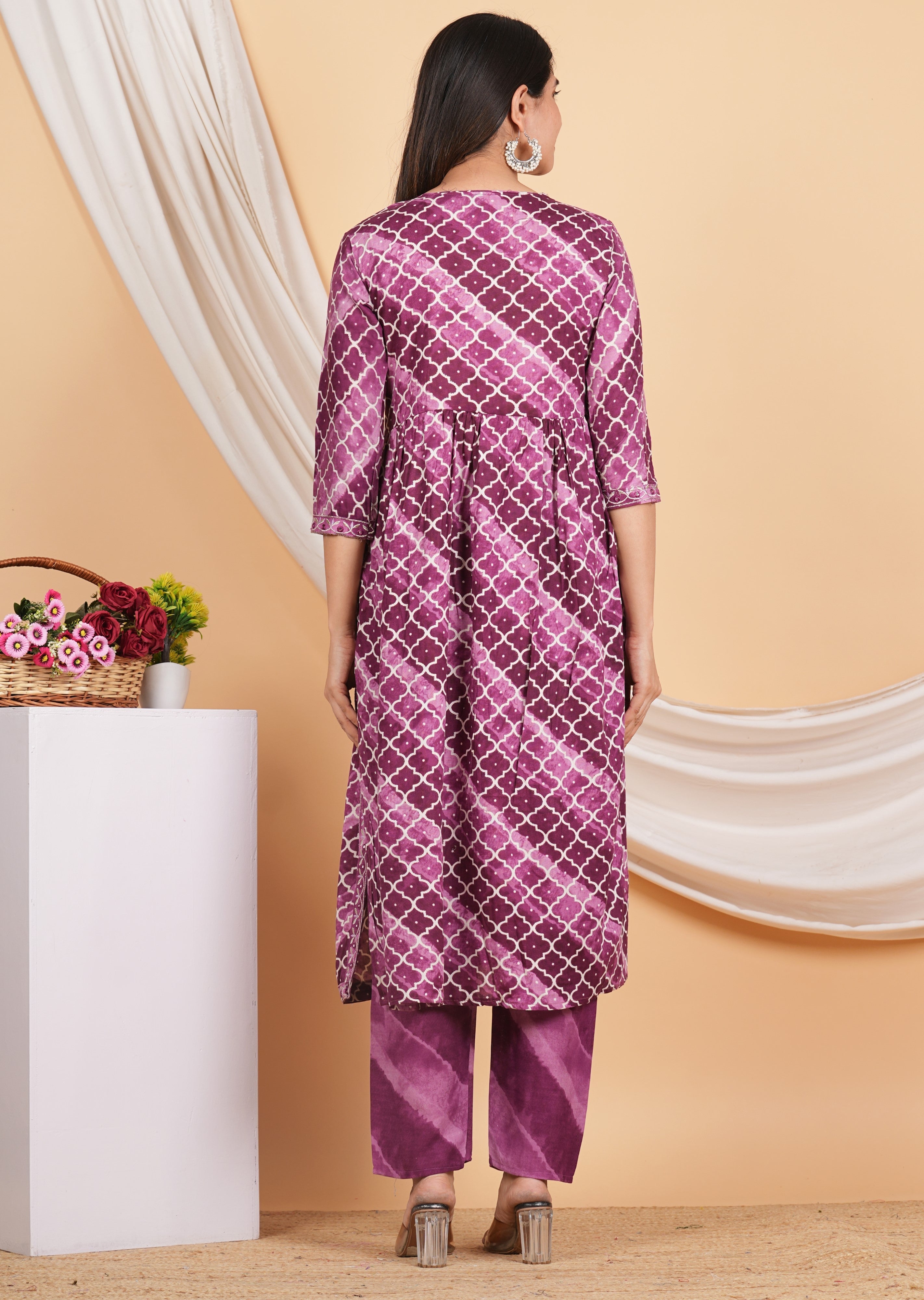 House of RP Women Rayon Dark Purple Ethnic Print Naira Cut Kurta, Pant & Dupatta Set | Grocsy