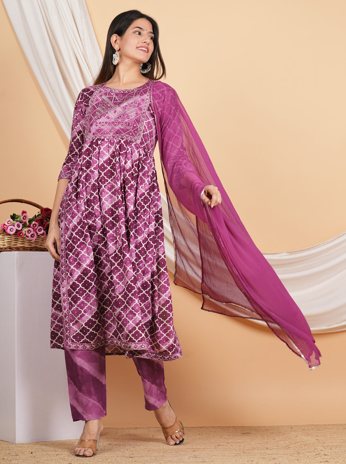 House of RP Women Rayon Dark Purple Ethnic Print Naira Cut Kurta, Pant & Dupatta Set | Grocsy
