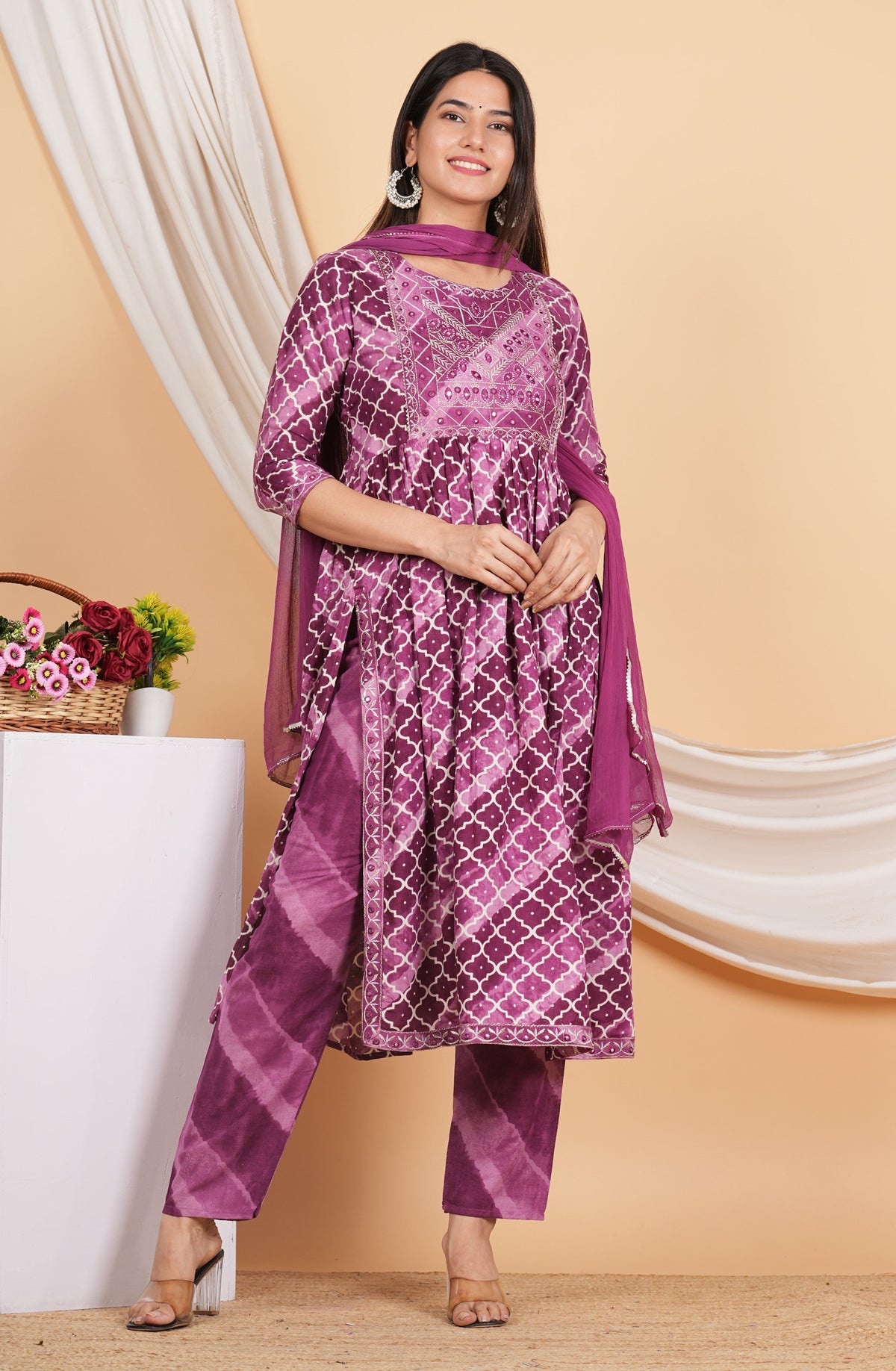 House of RP Women Rayon Dark Purple Ethnic Print Naira Cut Kurta, Pant & Dupatta Set | Grocsy