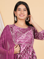 House of RP Women Rayon Dark Purple Ethnic Print Naira Cut Kurta, Pant & Dupatta Set | Grocsy