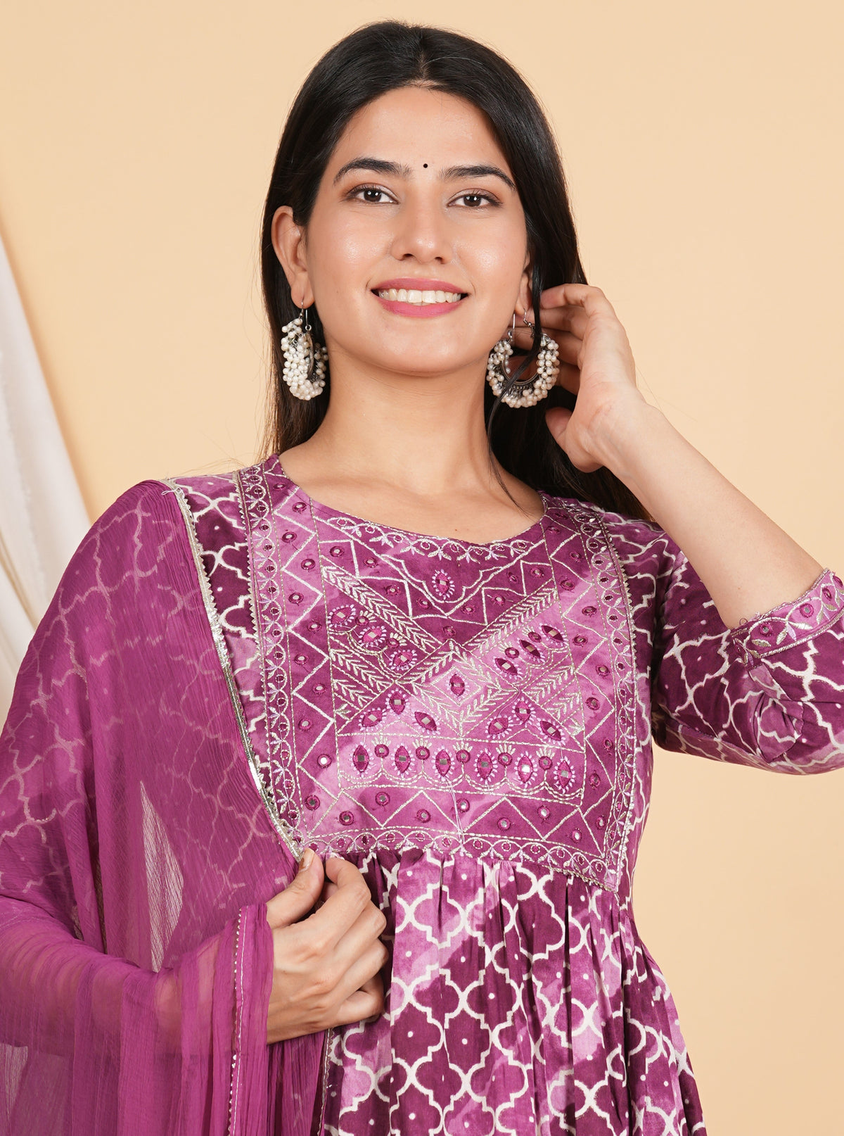 House of RP Women Rayon Dark Purple Ethnic Print Naira Cut Kurta, Pant & Dupatta Set | Grocsy