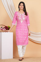 House of RP Women Pink Rayon Ethnic Print Kurta & Pant Set | Grocsy