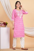 House of RP Women Pink Rayon Ethnic Print Kurta & Pant Set | Grocsy