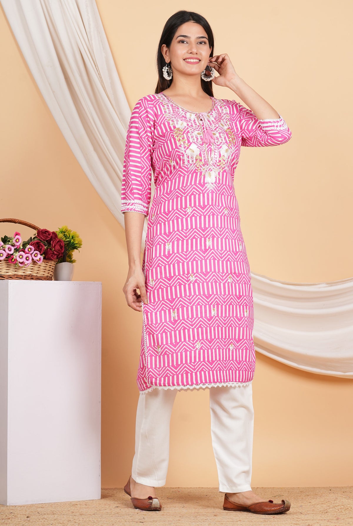 House of RP Women Pink Rayon Ethnic Print Kurta & Pant Set | Grocsy