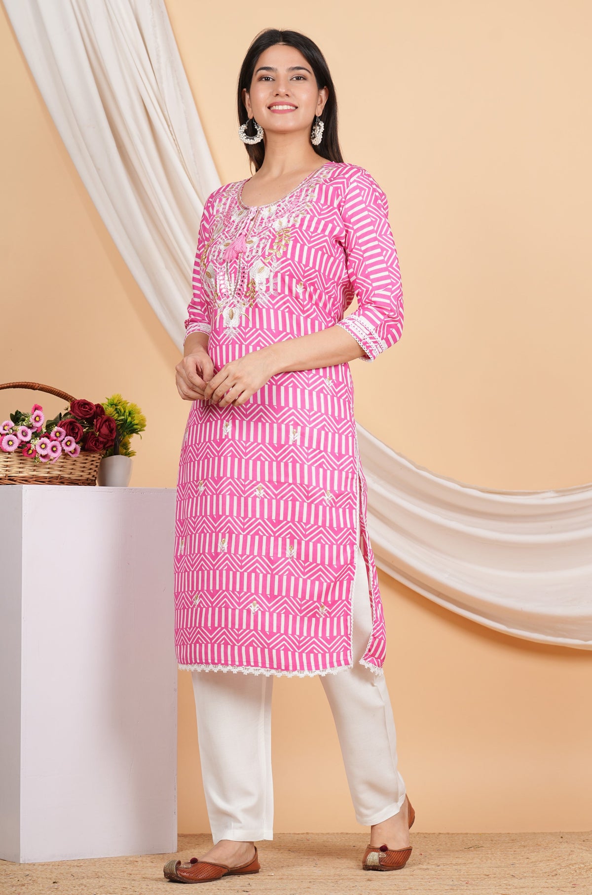 House of RP Women Pink Rayon Ethnic Print Kurta & Pant Set | Grocsy