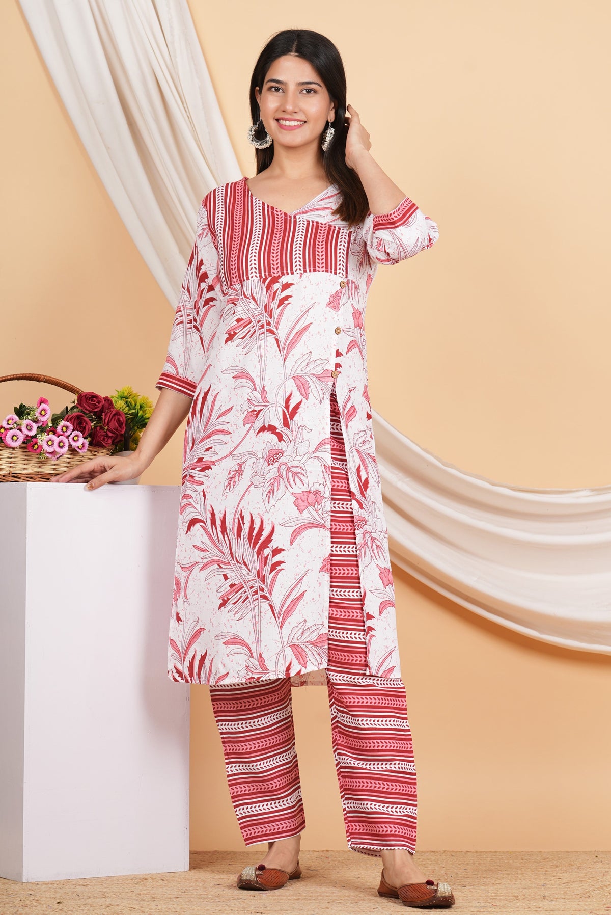 House of RP Women White & Red Rayon Floral Print Kurta & Pant Set | Grocsy