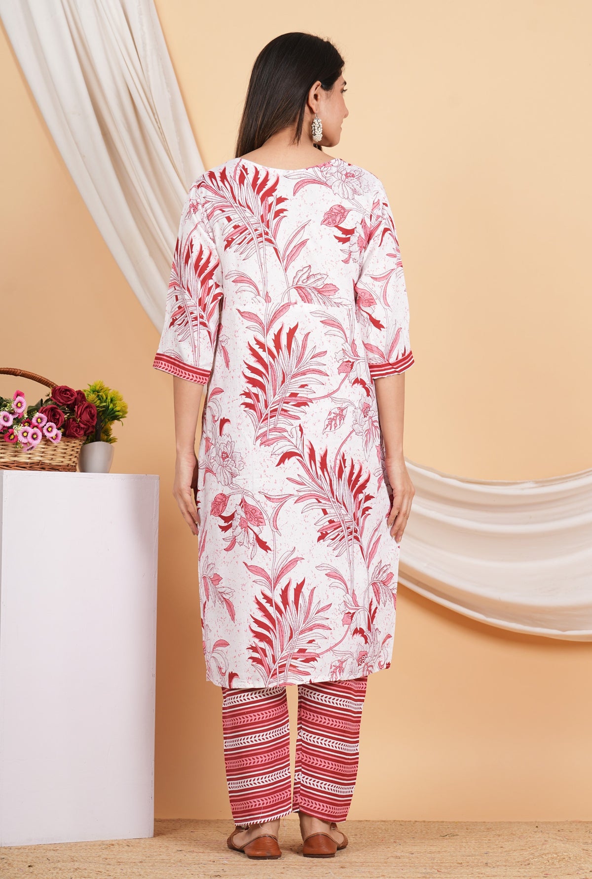 House of RP Women White & Red Rayon Floral Print Kurta & Pant Set | Grocsy