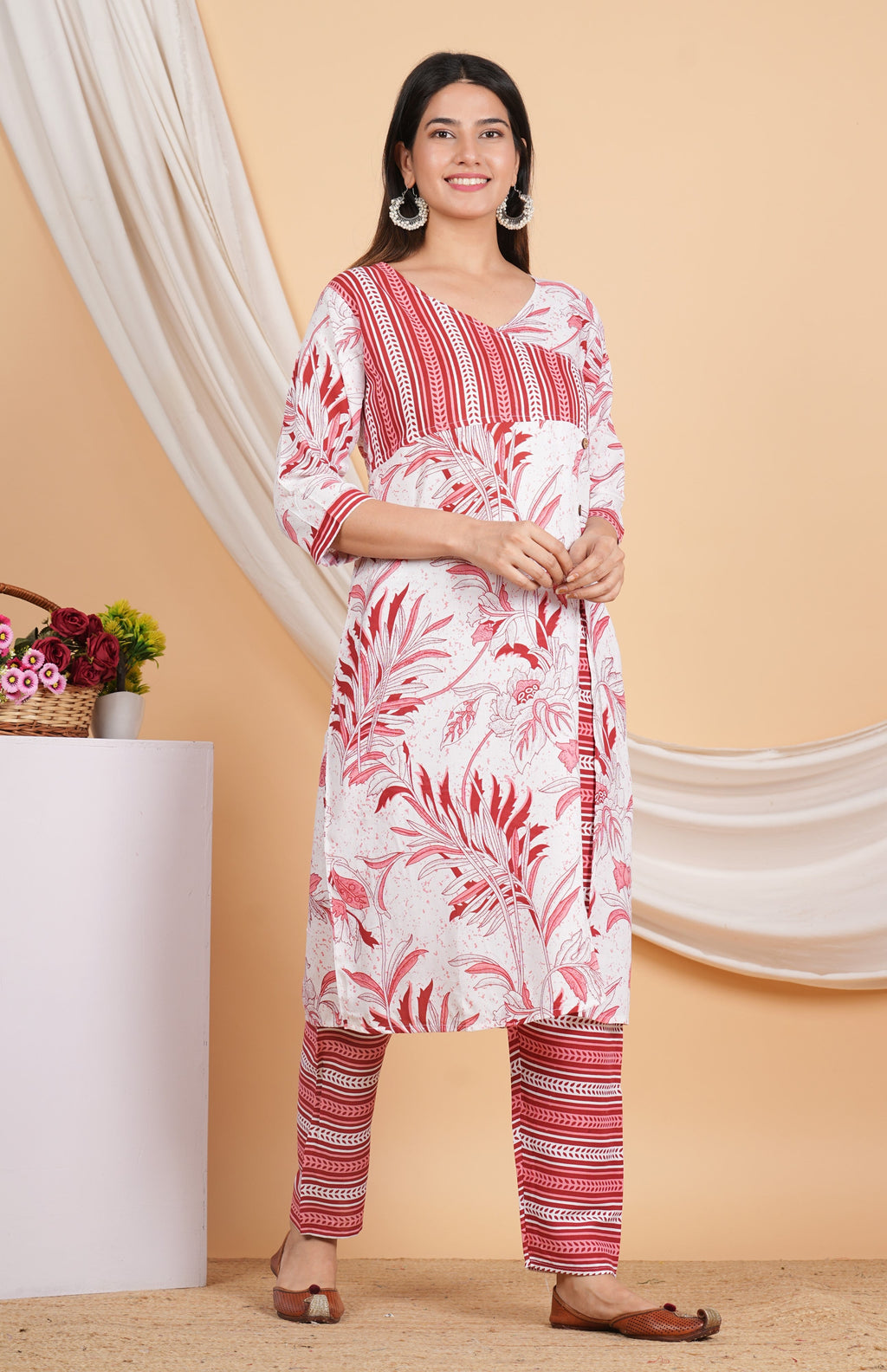 House of RP Women White & Red Rayon Floral Print Kurta & Pant Set | Grocsy