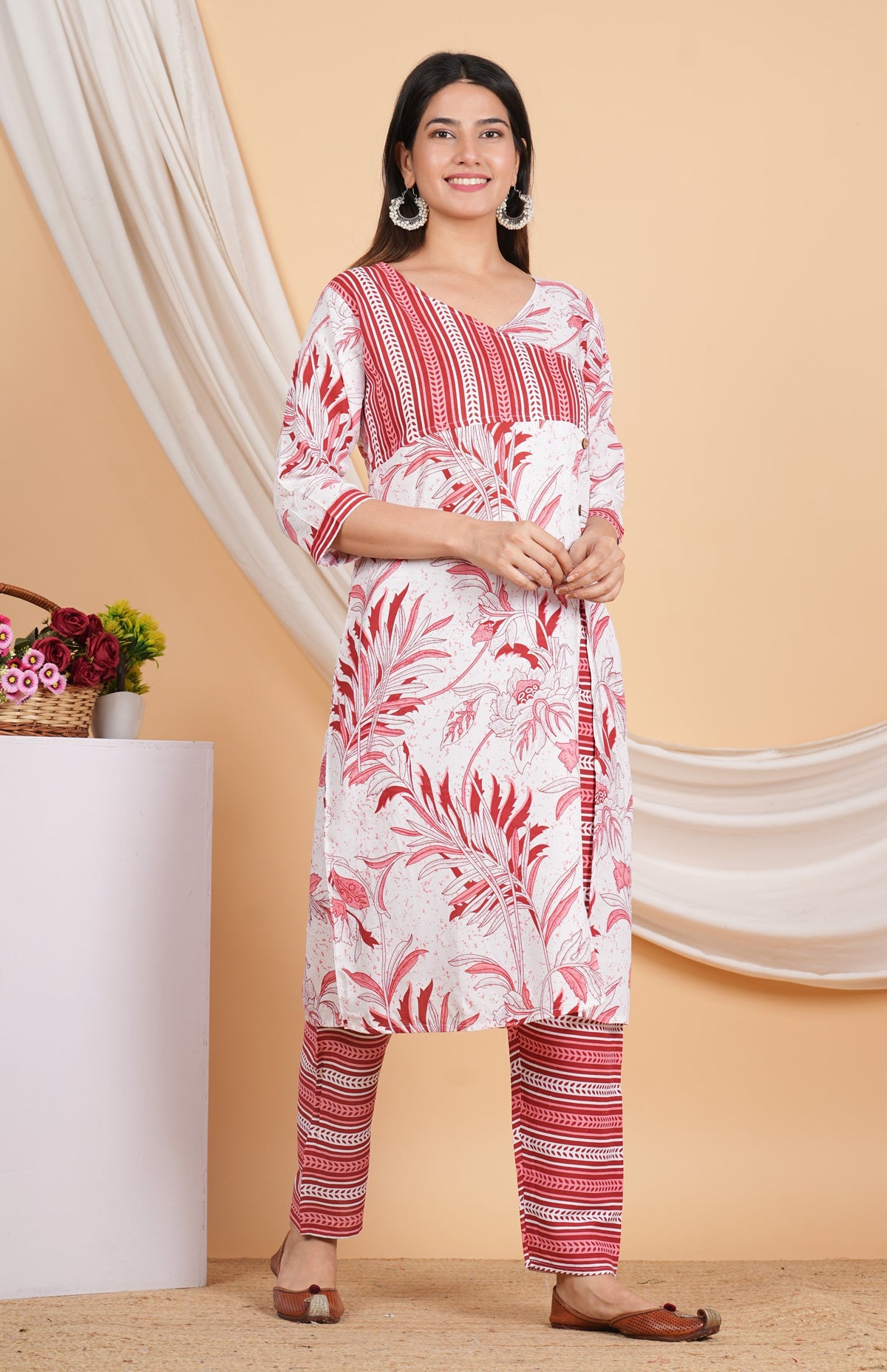 House of RP Women White & Red Rayon Floral Print Kurta & Pant Set | Grocsy
