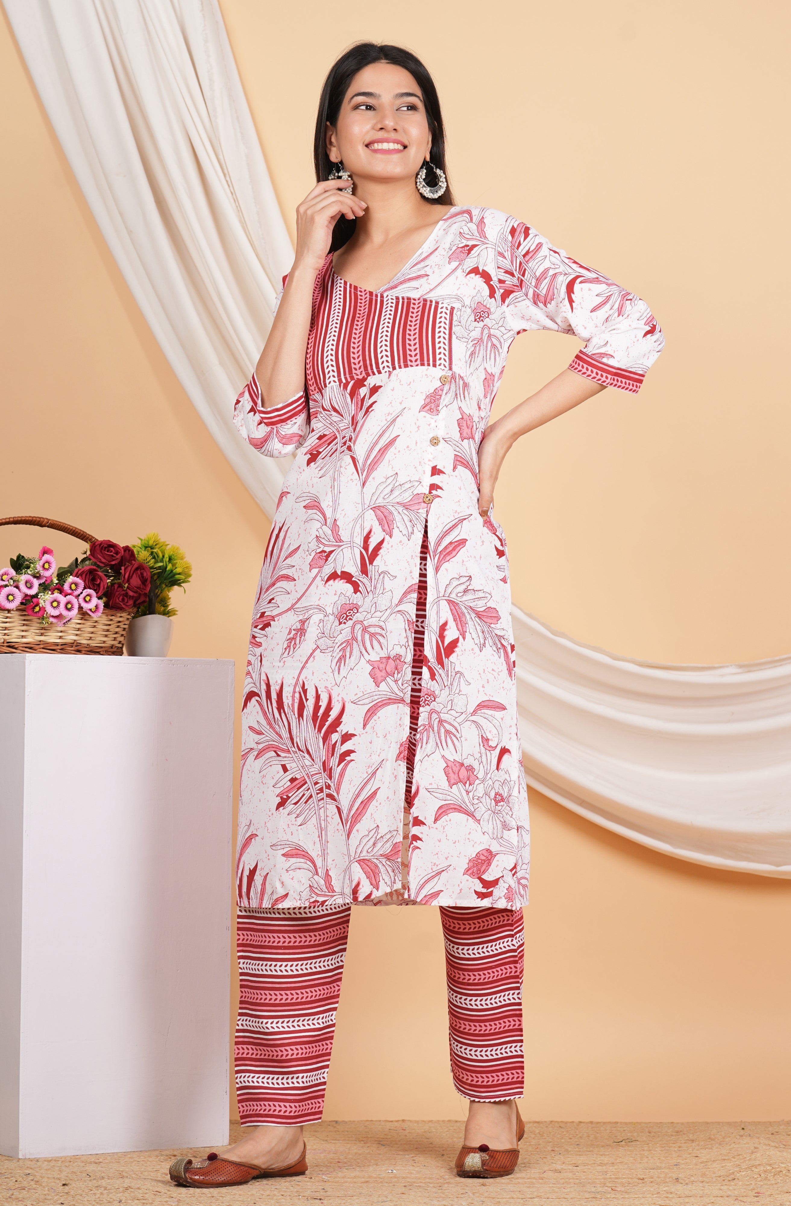 House of RP Women White & Red Rayon Floral Print Kurta & Pant Set | Grocsy