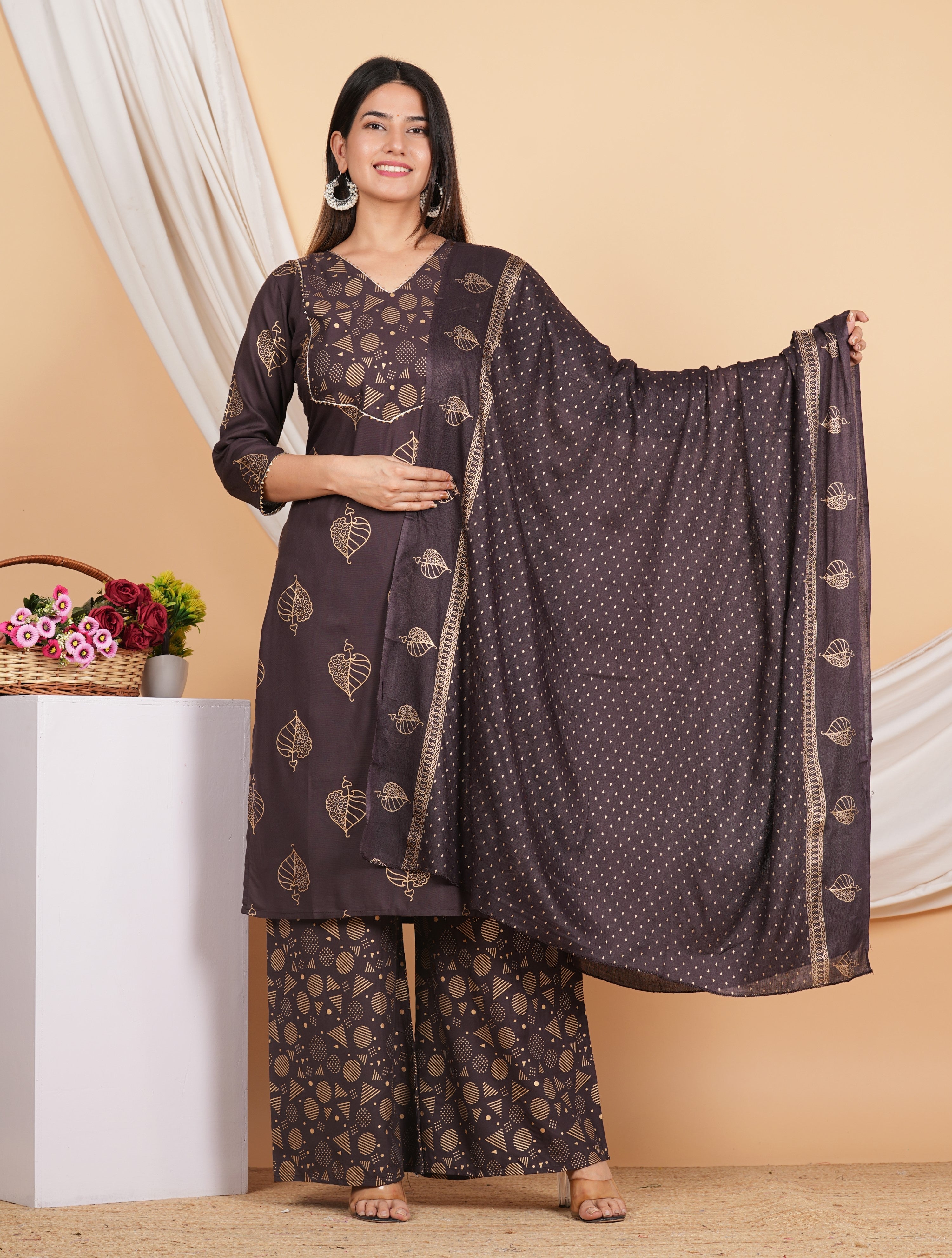 House of RP Wine Rayon Floral Print Kurta, Palazzo & Dupatta Set | Grocsy