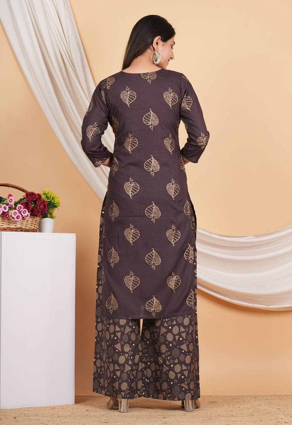 House of RP Wine Rayon Floral Print Kurta, Palazzo & Dupatta Set | Grocsy