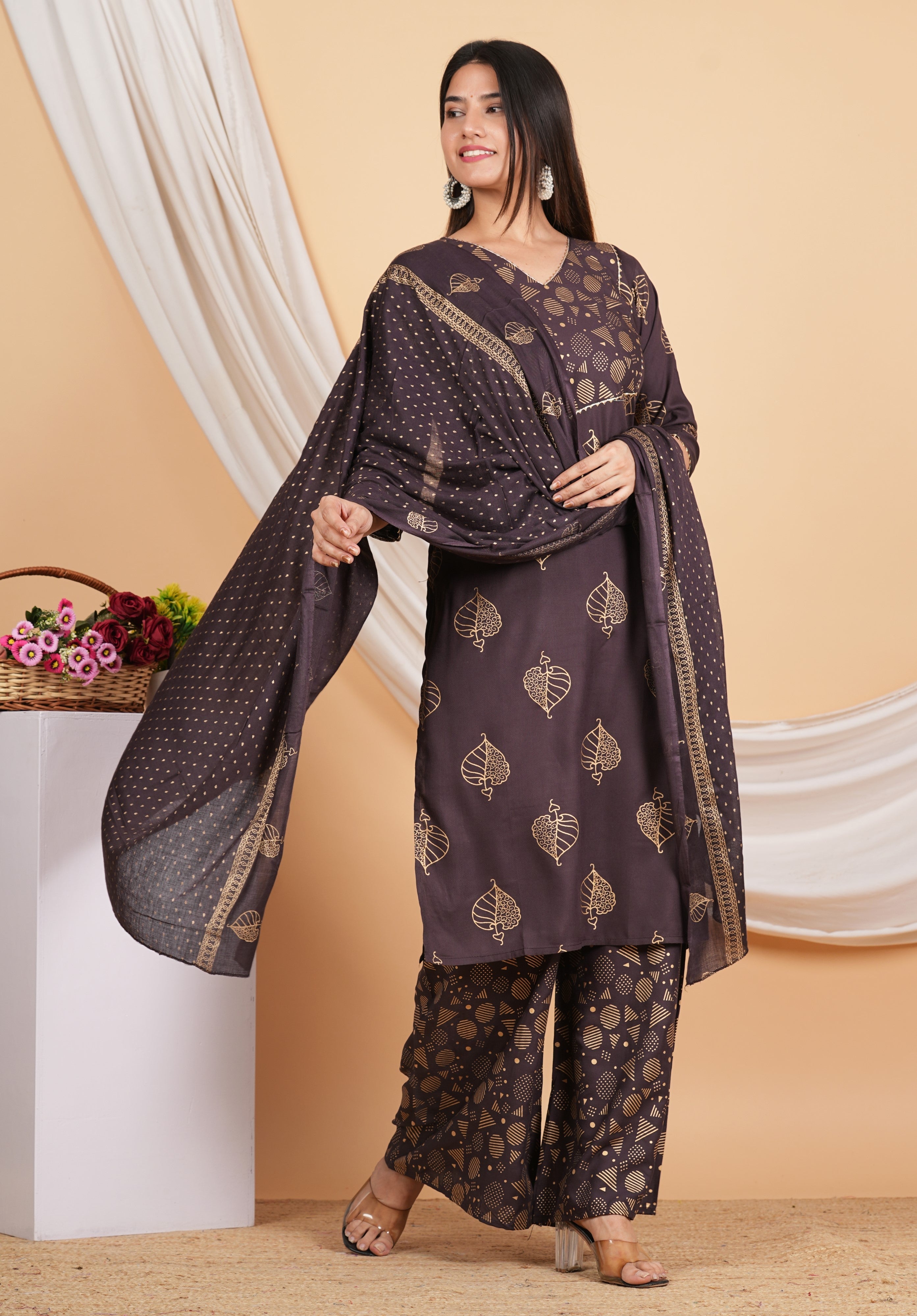 House of RP Wine Rayon Floral Print Kurta, Palazzo & Dupatta Set | Grocsy