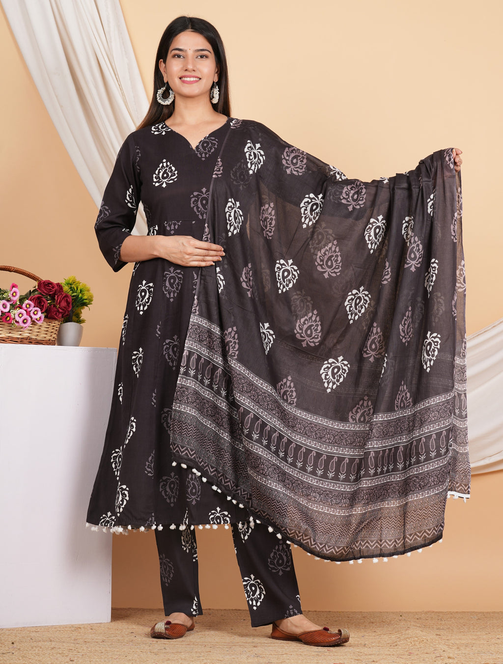 House of RP Wine Rayon Floral Print Kurta, Palazzo & Dupatta Set | Grocsy
