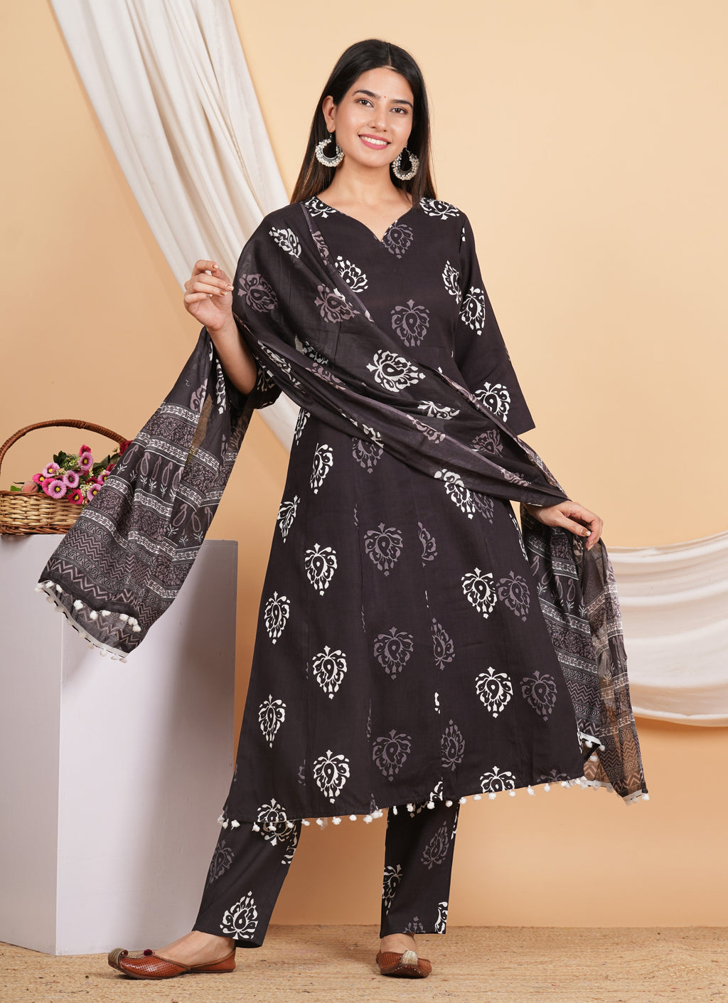 House of RP Wine Rayon Floral Print Kurta, Palazzo & Dupatta Set | Grocsy