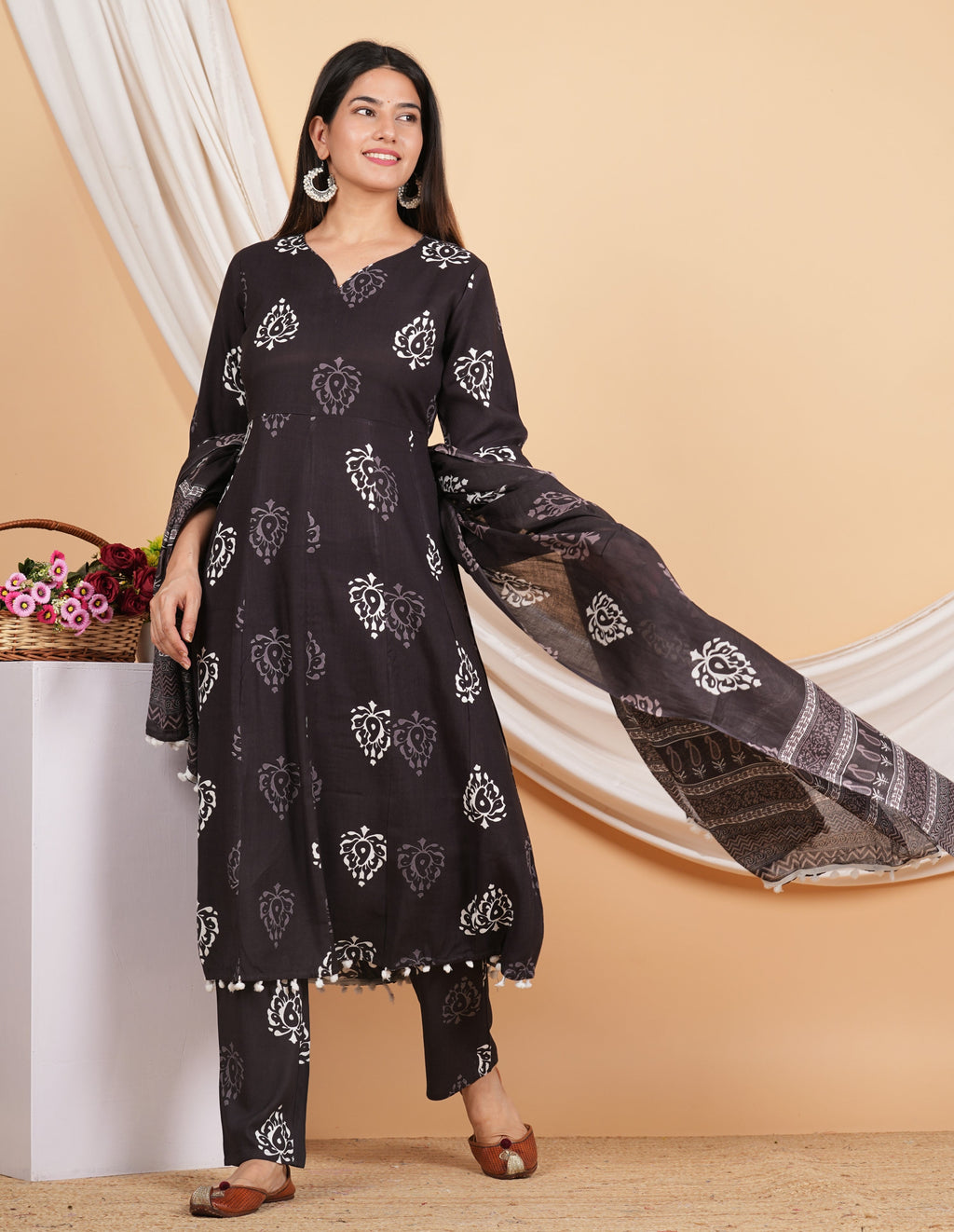 House of RP Wine Rayon Floral Print Kurta, Palazzo & Dupatta Set | Grocsy