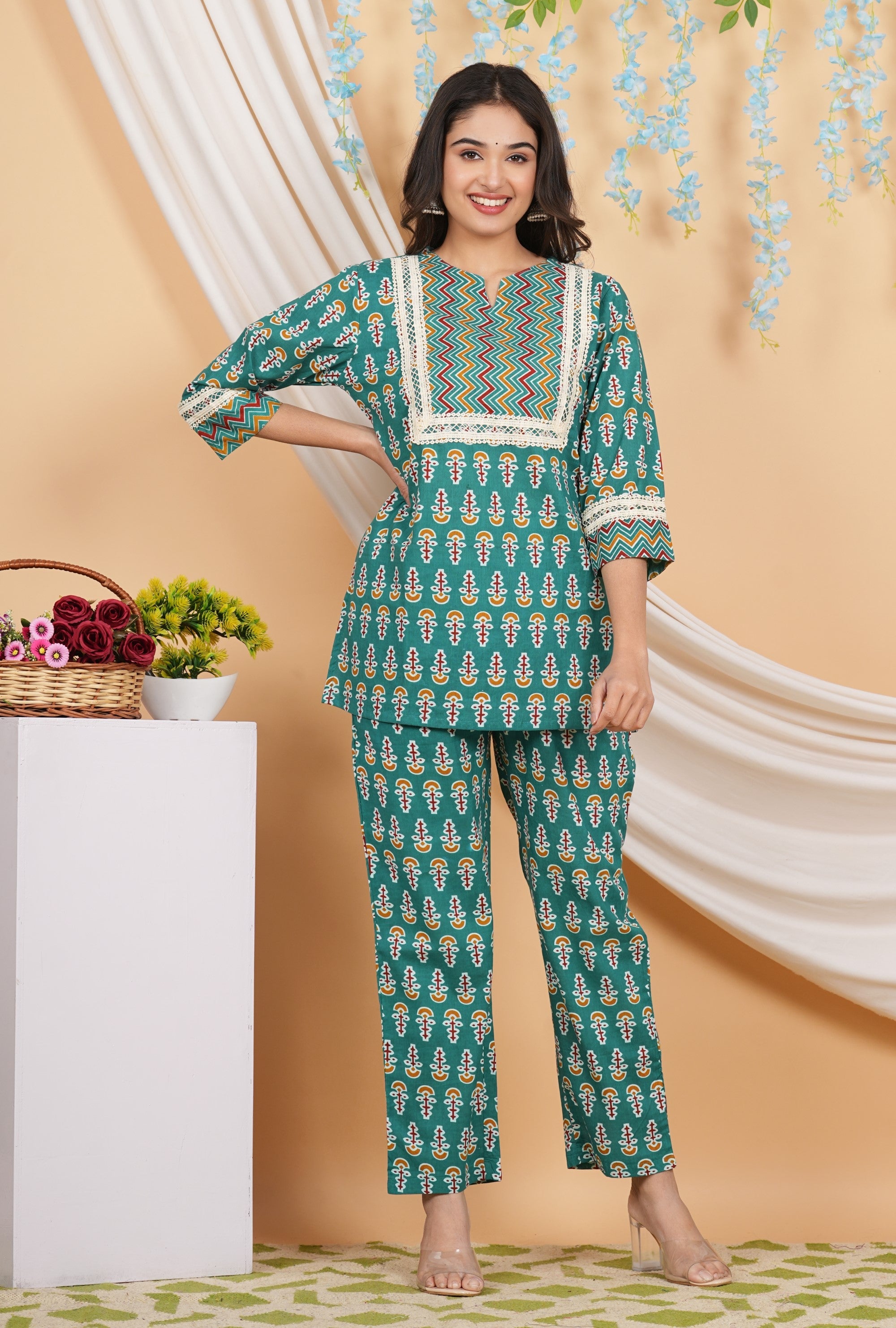 House of RP Women Teal Cotton Kurta & Pant Set | Grocsy