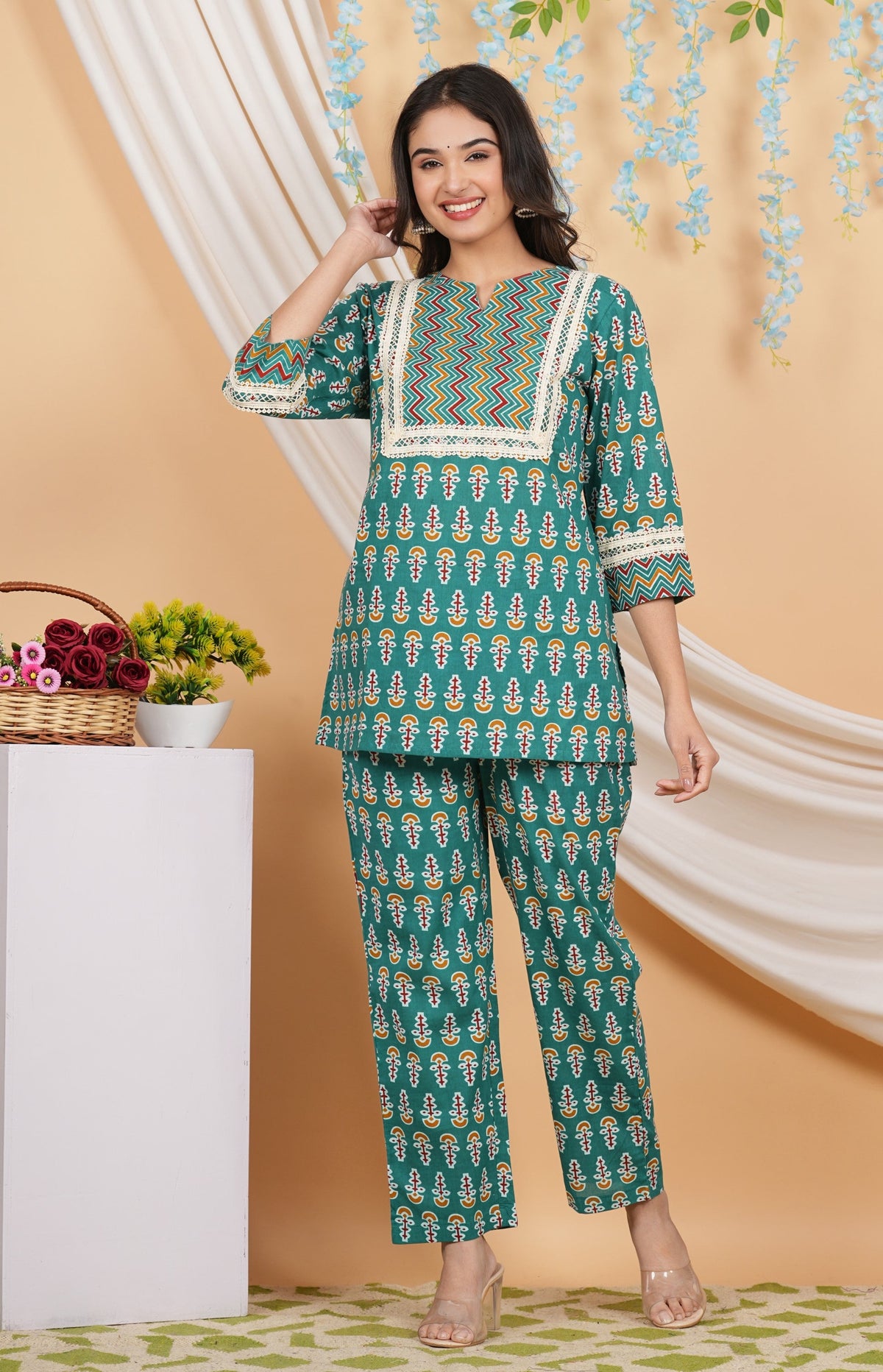 House of RP Women Teal Cotton Kurta & Pant Set | Grocsy