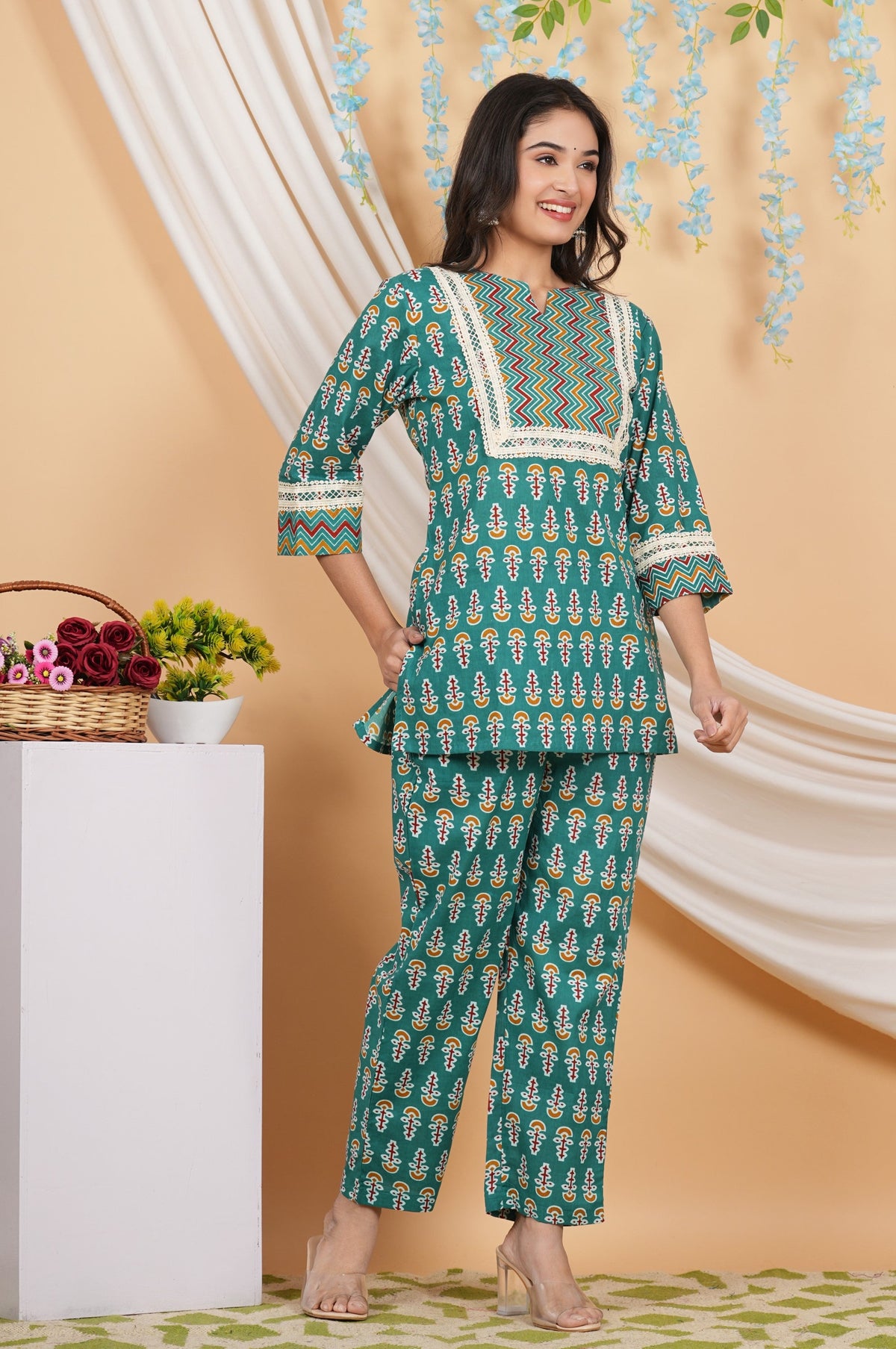 House of RP Women Teal Cotton Kurta & Pant Set | Grocsy