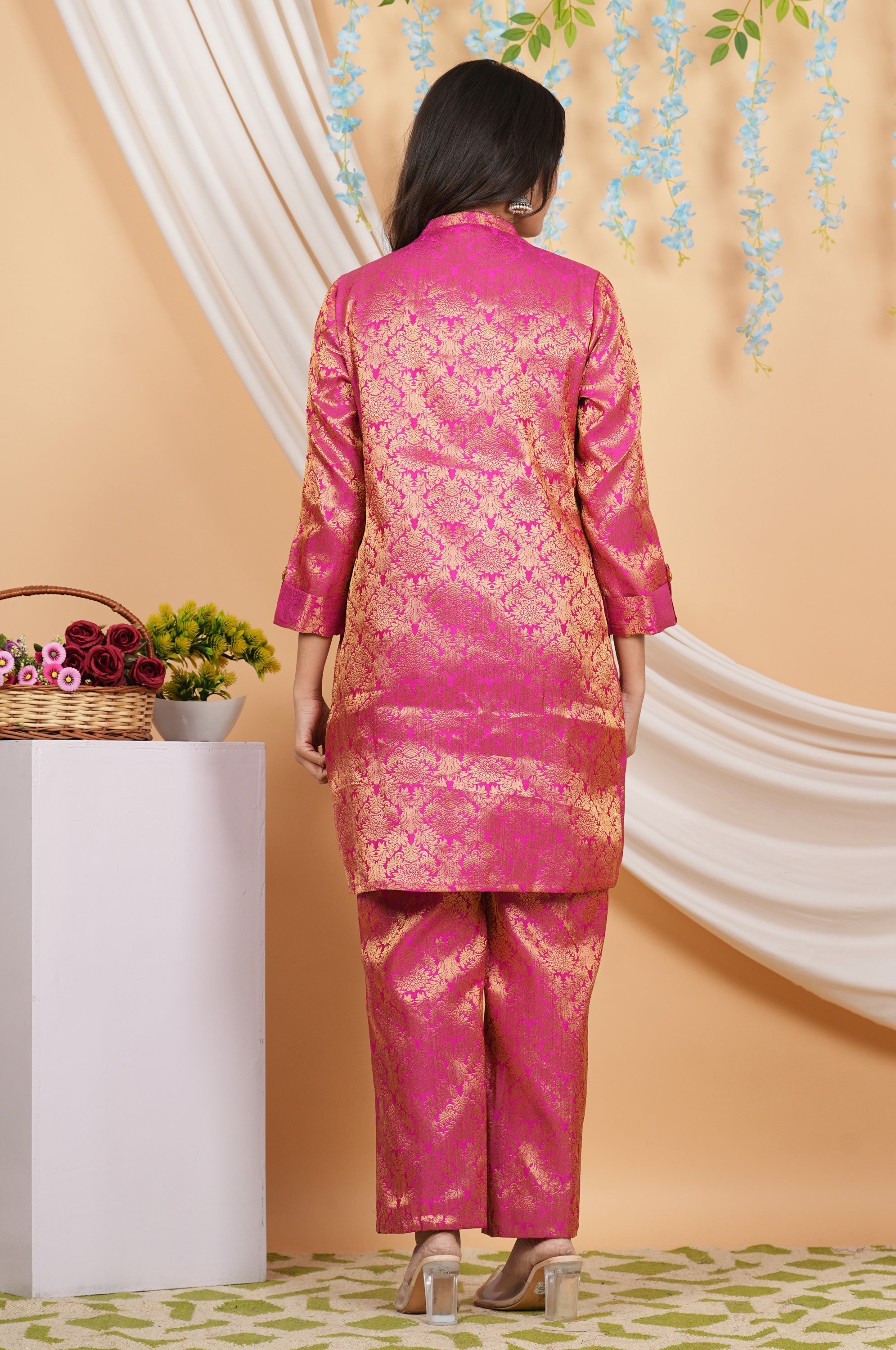 House of RP Women Fuchsia Emblished Jacquard Kurta & Pant Set | Grocsy