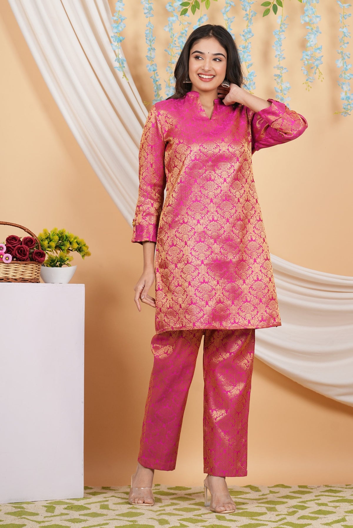 House of RP Women Fuchsia Emblished Jacquard Kurta & Pant Set | Grocsy