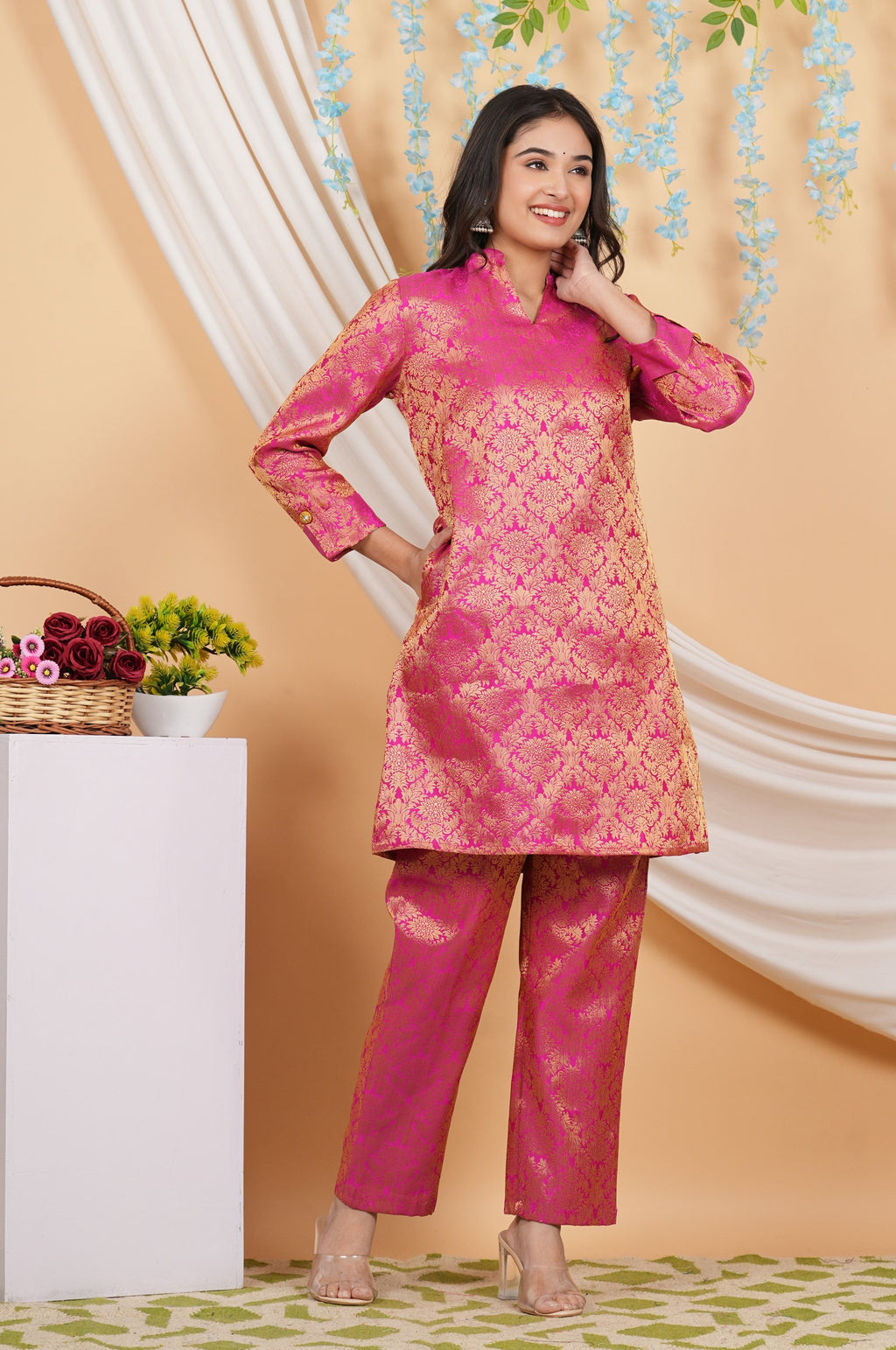 House of RP Women Fuchsia Emblished Jacquard Kurta & Pant Set | Grocsy