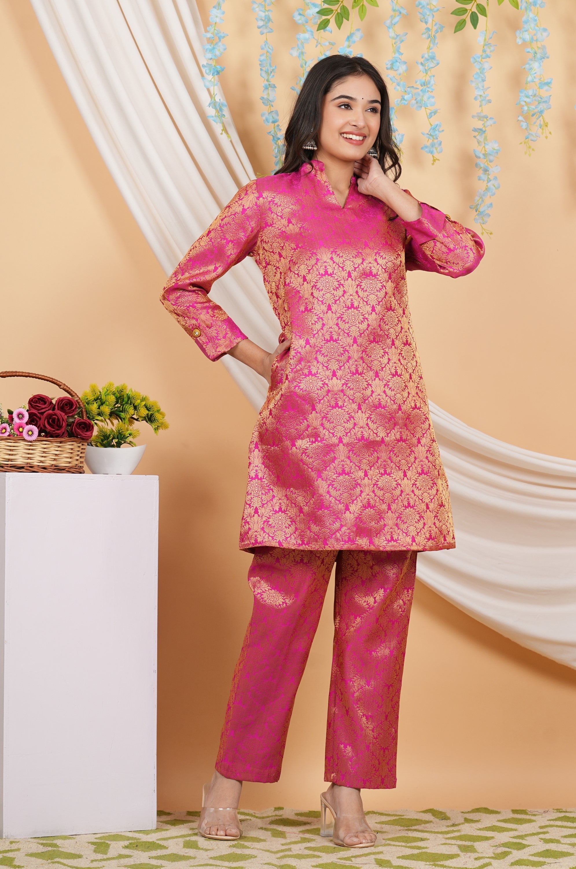 House of RP Women Fuchsia Emblished Jacquard Kurta & Pant Set | Grocsy
