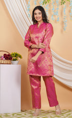 House of RP Women Fuchsia Emblished Jacquard Kurta & Pant Set | Grocsy