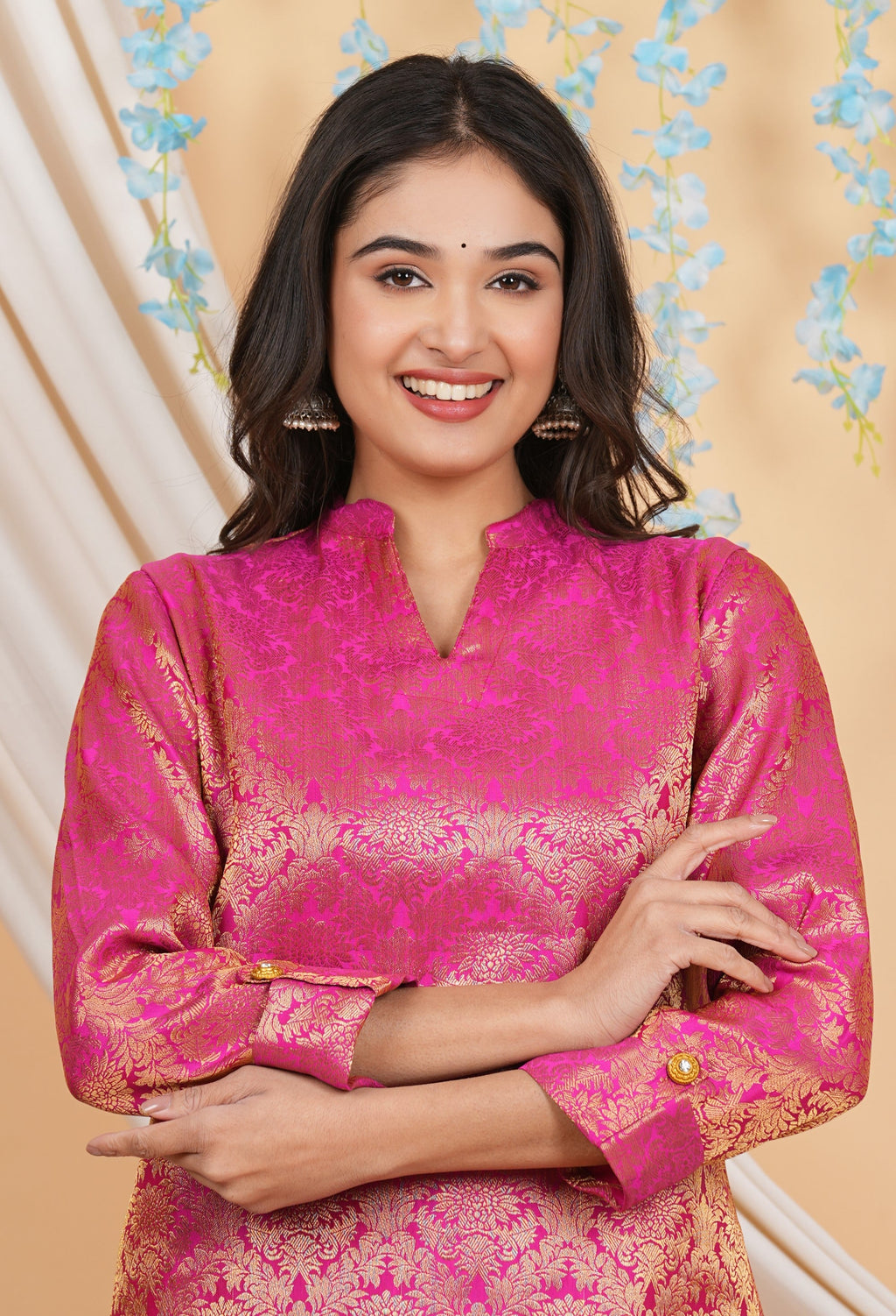 House of RP Women Fuchsia Emblished Jacquard Kurta & Pant Set | Grocsy