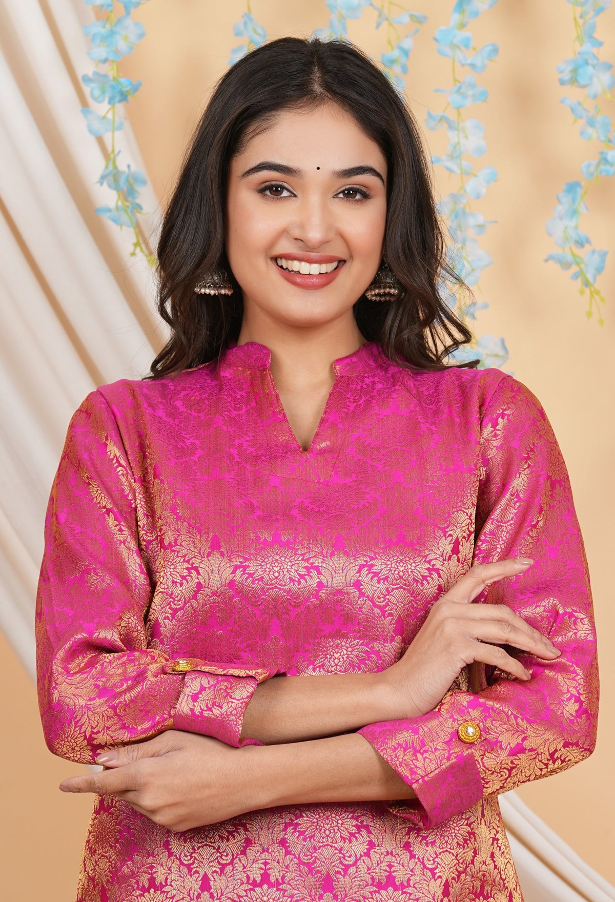 House of RP Women Fuchsia Emblished Jacquard Kurta & Pant Set | Grocsy