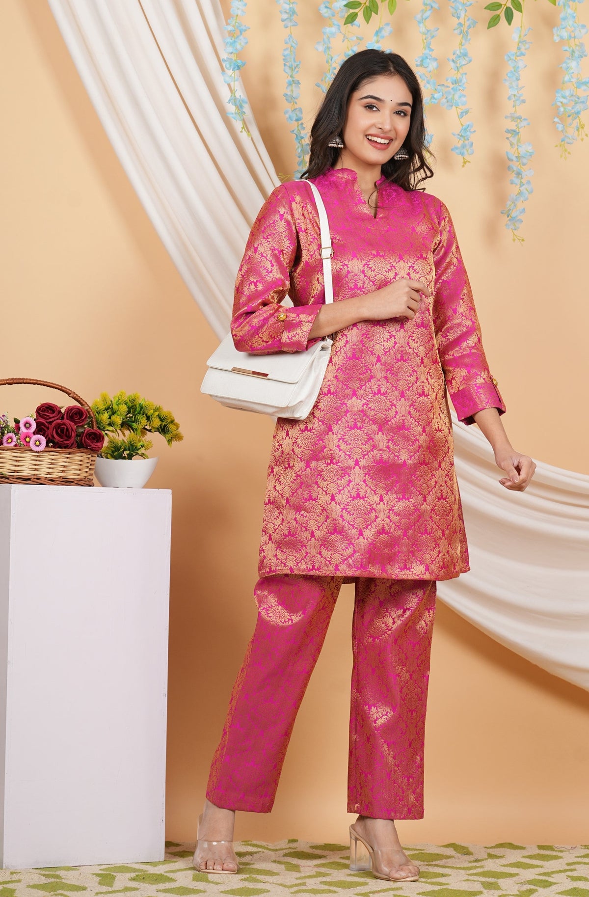 House of RP Women Fuchsia Emblished Jacquard Kurta & Pant Set | Grocsy