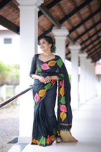 Black Pure Silk Woven Design Saree with Unstitched Blouse - A2M | Grocsy
