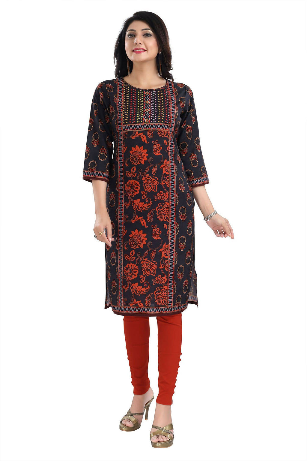 Snehal Creations Elegant Black Designer Digital Print Cotton Slub Fabric Long Kurti Tunic | Grocsy