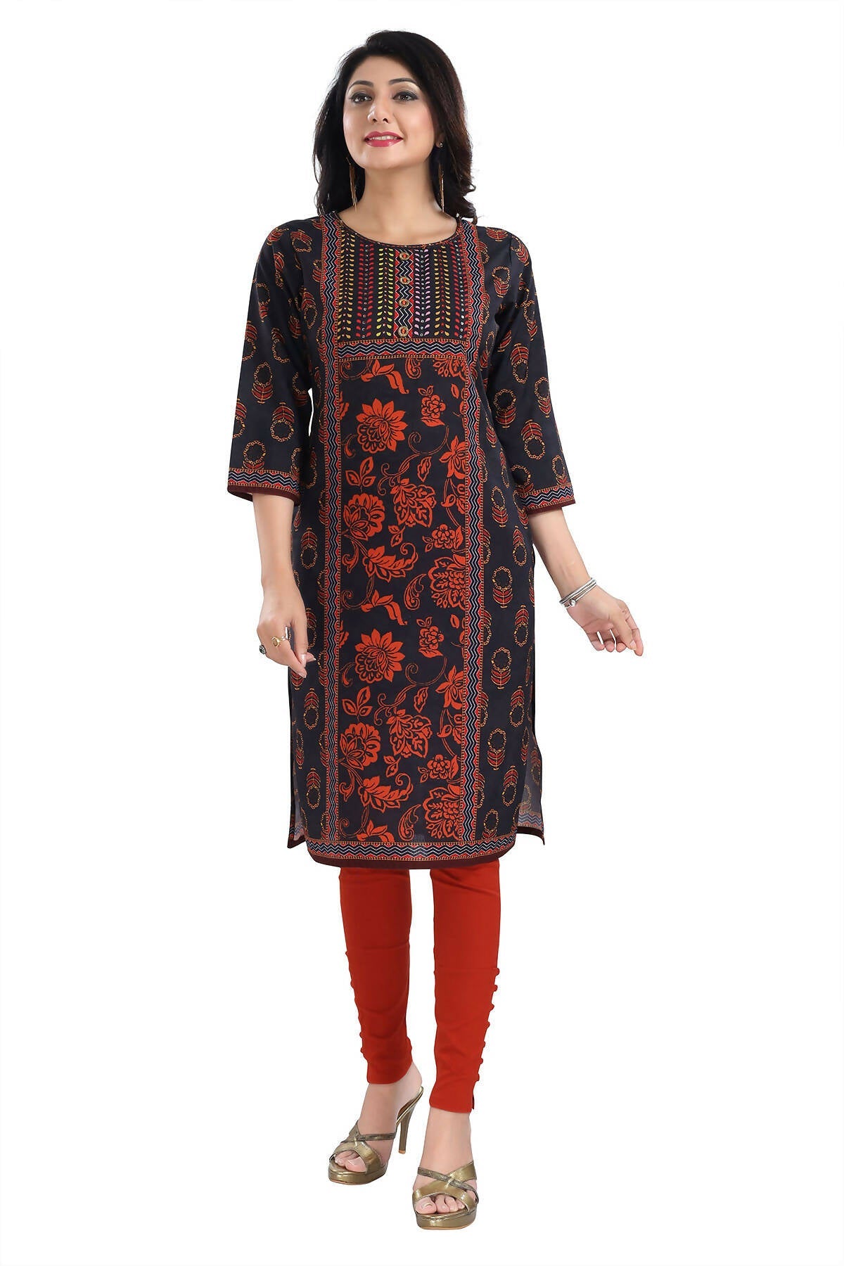 Snehal Creations Elegant Black Designer Digital Print Cotton Slub Fabric Long Kurti Tunic | Grocsy