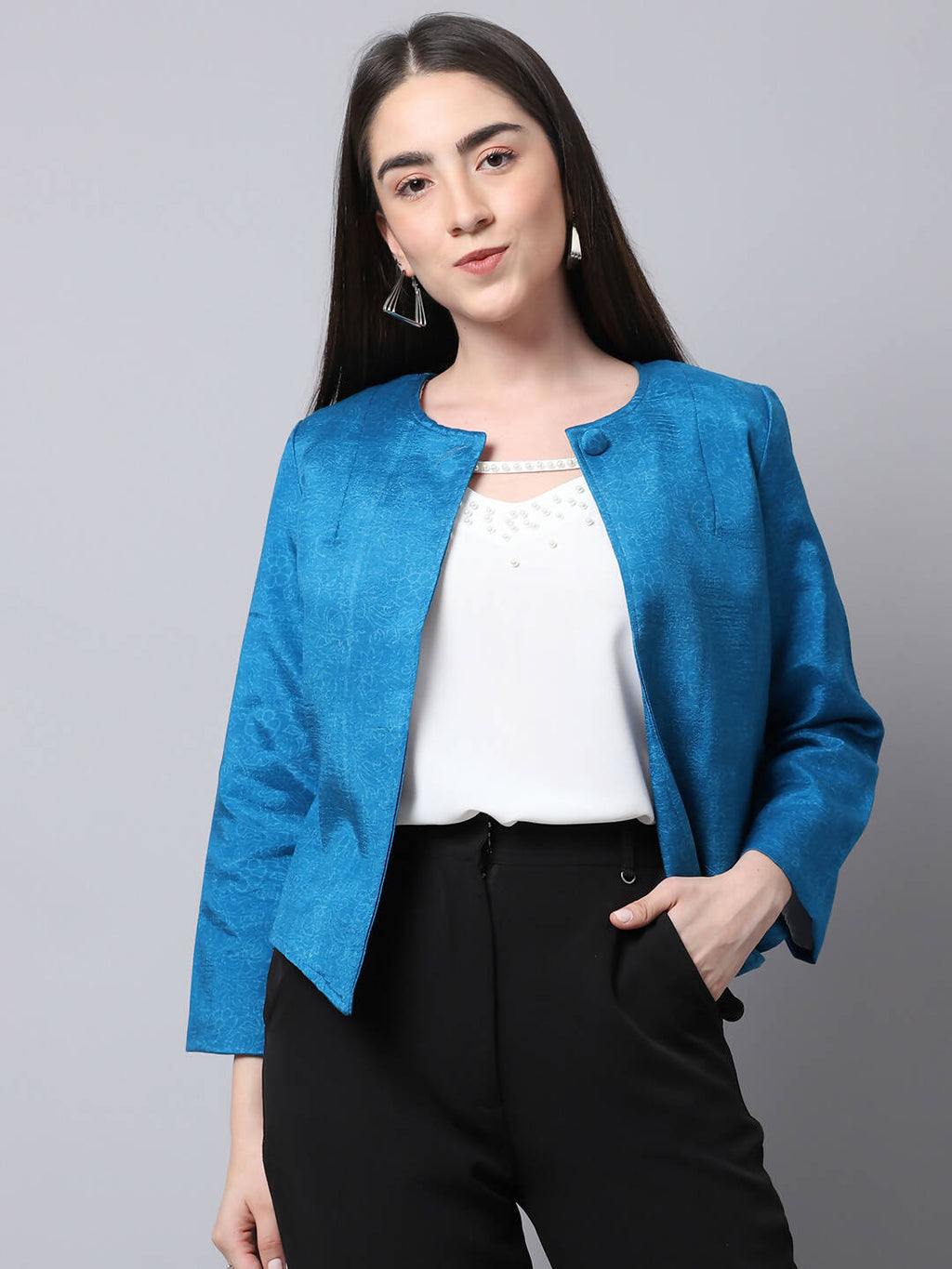 Even Apparels Blue 100% Viscose Open Front Statement Women's Jacket | Grocsy