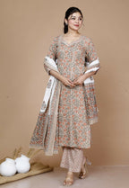 Miravan Women's Brown Floral Printed Gotta Patti Kurta With Palazzo And Dupatta Set | Grocsy