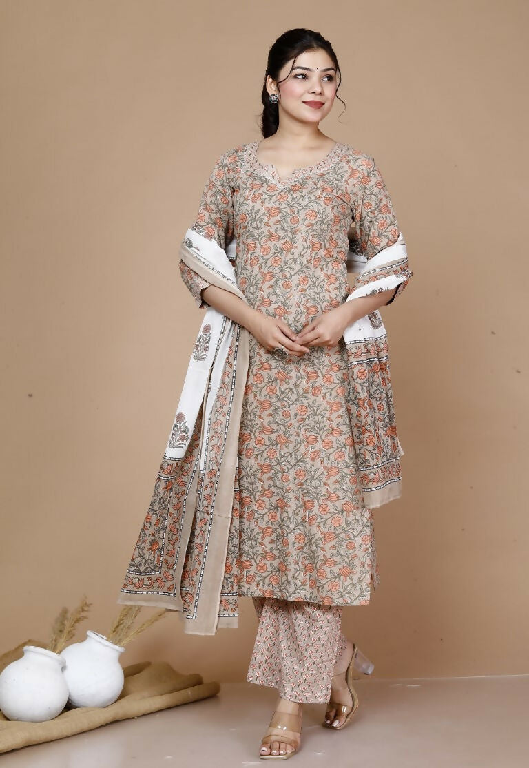 Miravan Women's Brown Floral Printed Gotta Patti Kurta With Palazzo And Dupatta Set | Grocsy