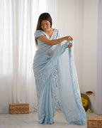 Vamsee Onam Sky Crushed Fandy Tissue Silk Saree | Grocsy