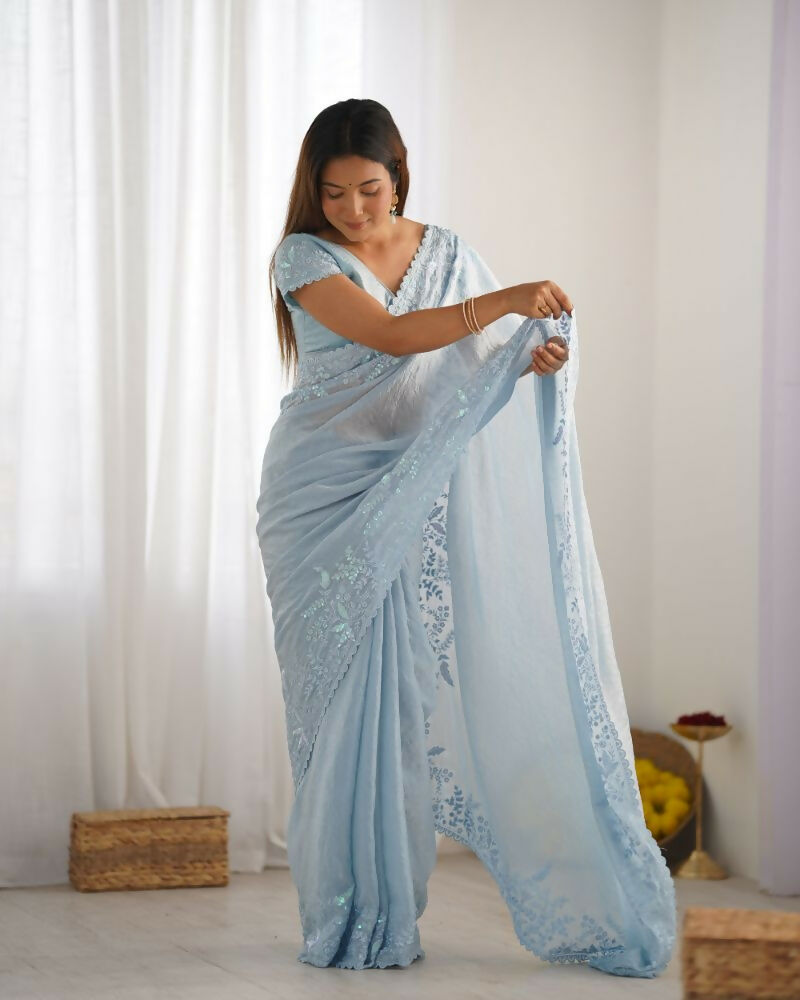 Vamsee Onam Sky Crushed Fandy Tissue Silk Saree | Grocsy