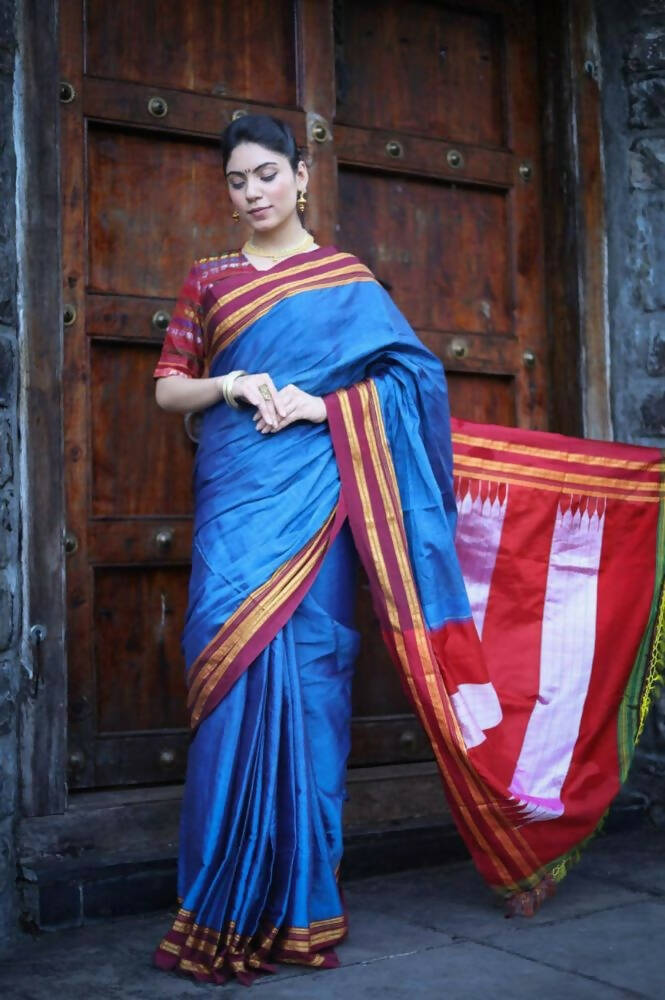 Very Much Indian Handloom Cotton Viscose Ilkal Saree - Royal Blue | Grocsy