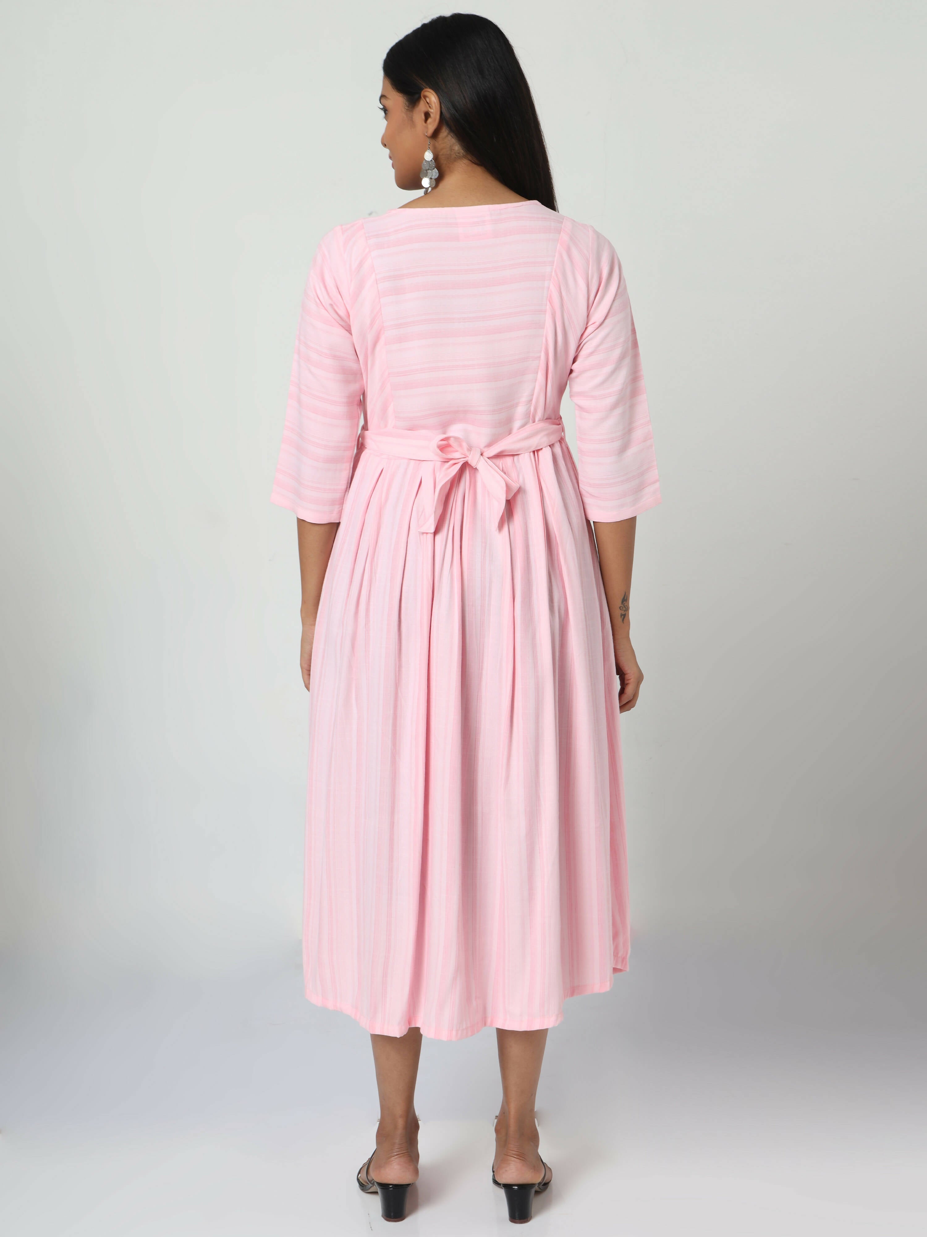 Manet Three Fourth Maternity Dress Striped With Concealed Zipper Nursing Access - Pink | Grocsy