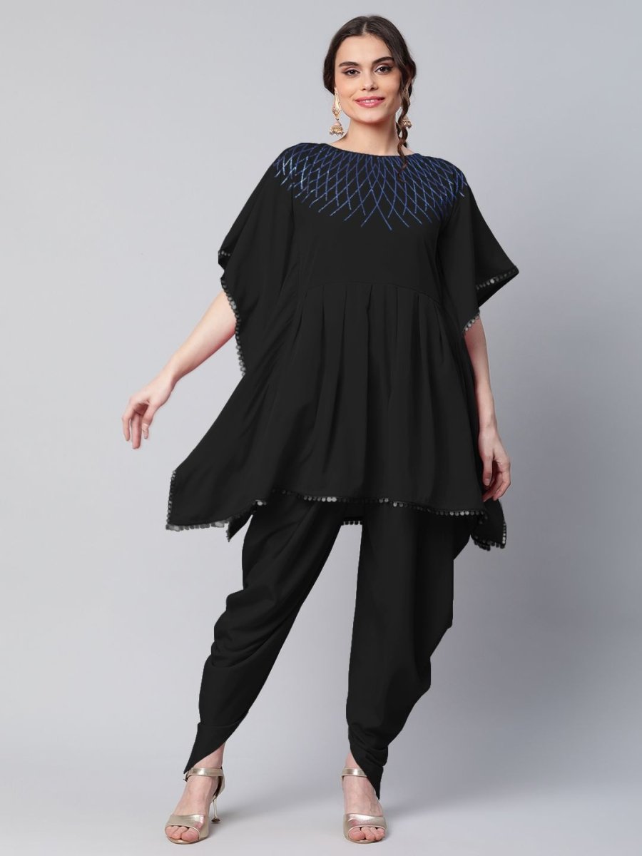 Ahalyaa Women Black Crepe Glitter Printed Kurta with Dhoti Pants | Grocsy