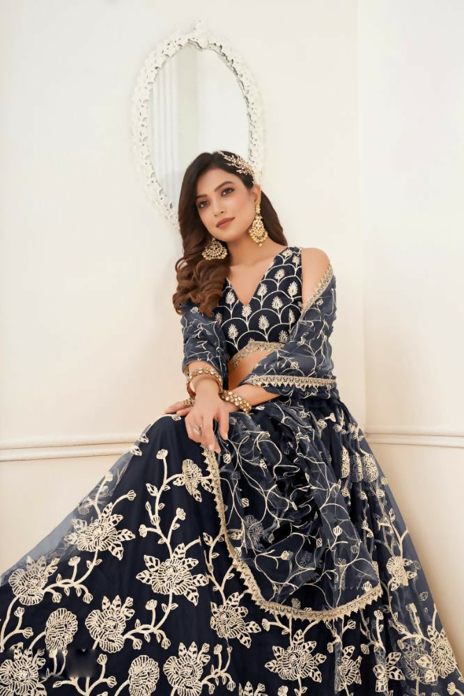 Aastha Fashion Black Butterfly Net White Cotton Thread Work And Sequence Work Embroidery Wedding Wear Lehenga Choli | Grocsy