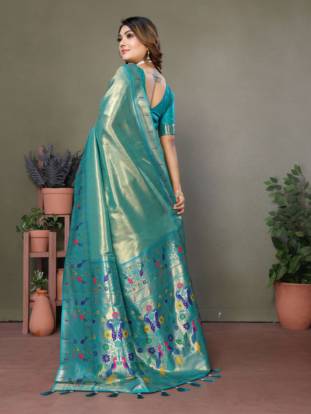 Aastha Fashion Sea Green Tissue Silk Paithani Woven Saree | Grocsy