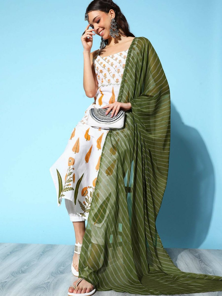 Ahalyaa Women's White Colour Pure Cotton Pigment Printed Kurta Pant Set With Dupatta | Grocsy