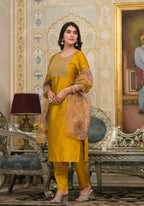 Partywear Designer Musted Yellow Poly Silk fabric Stitched Suit With Dupatta - Tanisha | Grocsy