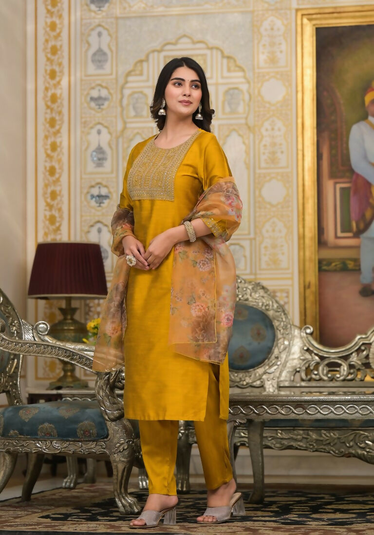 Partywear Designer Musted Yellow Poly Silk fabric Stitched Suit With Dupatta - Tanisha | Grocsy
