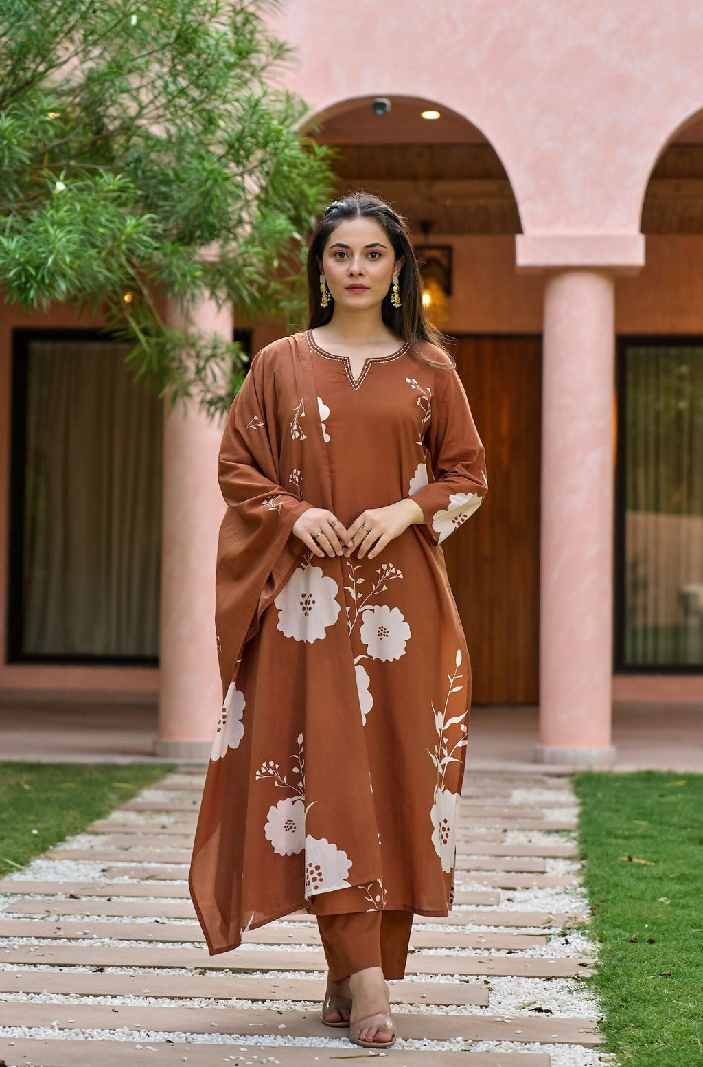 The52 Women's Gorgeous Printed Work Muslin Fabric Straight Kurta Pant and Dupatta Set-Brown | Grocsy