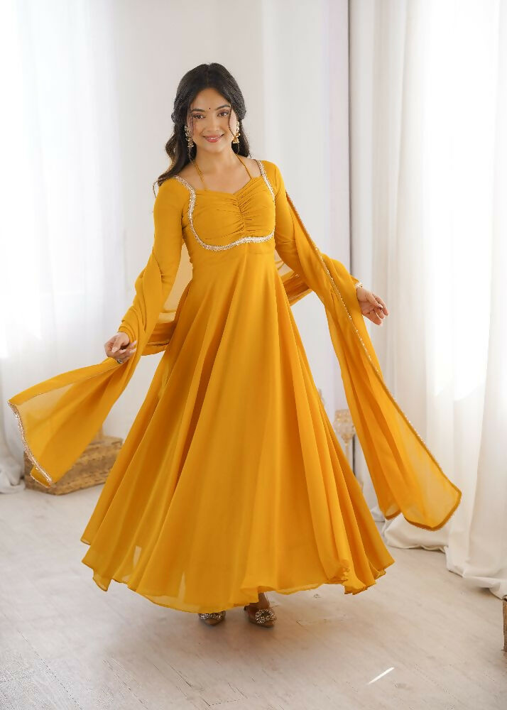 Teeya Creation Yellow Faux Georgette Designer Party Wear Long Gown | Grocsy